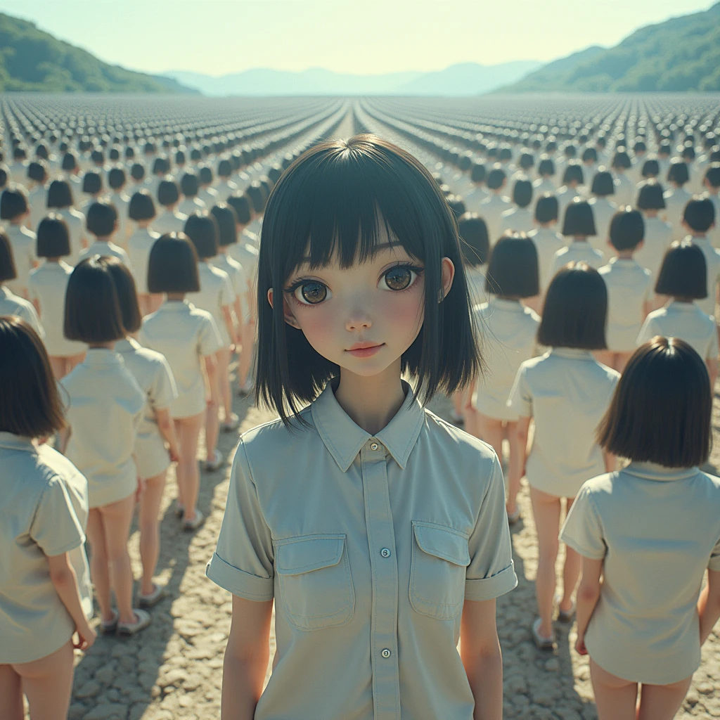 (((((Japanese Clone girls=Myself)))))), (((Best Super High quality Myself Clone girls Raw Photography Art))), (16K, Highest quality, Ultra-high resolution, RAW Photos), (((It's so unrealistic., With unparalleled depiction, With an unfathomable sight, An unprecedented and shocking worldview, Clone girls in a world of mass reproduction, Ultra-realistic))), (((Japanese, woman, 20yo, Saito-Asuka))), (Small face, ((Thick black hair, Semi-long hair))), ((V-neck short-sleeve dress)), (((((Very detailed美しい女体, Accurate body structure, Very detailed完璧な, Super busty body with very large breasts, Clearly emphasizes cleavage))))), (((Dark Eyes, Mature face, Cute Smile, A gentle gaze))), (((Her happy and smiling expression is so cute))), ((((((((Very detailed分身増殖描写, ((1girl→Myself cloning→1,000,000,000,000,000,000,000,000,000,000,000,000,000,000,000,000,000,000,000,000Myself Clone girls)))))))))), ((((((((Very detailed, The precise depiction of the proliferation of Myself Clone girls, ((With the perfectly identical bodies of Myself clone girls, With the exact same face as the Myself clone girls, With the exact same hairstyle as the Myself clone girls, In the exact same clothes as the girls who are my clones, Perfectly the same height as the Myself clone girls, Super big breasts, just like the Myself clone girls)))))))))), (((Myself clone girls only))), (((Multiple pairs, Very detailed depiction, (Myself clone girls hug each other, Myself clone girls assemble, Fun conversations with fellow Myself clone girls, A fun conversation between Myself clone girls, Myself clone girls holding hands, Walking with lots of Myself clone girls)))), (((Everyone looks at the camera))), (((Unbelievably crowded, Transcendent Myself clone girls intimately, Countless Myself clone girls surround you in 360 degrees))), (Bright, soft sunlight), (((Very wide field of view, Very detailed, Detailed ultra-perspective depiction with clear depth, wide view))), (((((Landscape with a curved slope))))), (((Very photographic and detailed depiction, Myself clone girls will multiply infinitely and fill the surroundings from one side to the horizon with their bodies tightly packed together without any gaps., A scene of endless Myself clone girls and a fun atmosphere))), (Focus on the average value of the image)