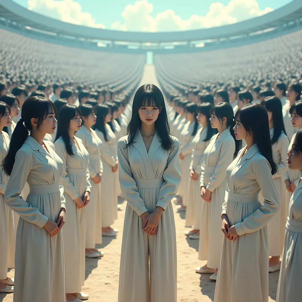 (((((Japanese Clone girls=Myself)))))), (((Best Super High quality Myself Clone girls Raw Photography Art))), (16K, Highest quality, Ultra-high resolution, RAW Photos), (((It's so unrealistic., With unparalleled depiction, With an unfathomable sight, An unprecedented and shocking worldview, Clone girls in a world of mass reproduction, Ultra-realistic))), (((Japanese, woman, 20yo, Saito-Asuka))), (Small face, ((Thick black hair, Semi-long hair))), ((V-neck short-sleeve dress)), (((((Very detailed美しい女体, Accurate body structure, Very detailed完璧な, Super busty body with very large breasts, Clearly emphasizes cleavage))))), (((Dark Eyes, Mature face, Cute Smile, A gentle gaze))), (((Her happy and smiling expression is so cute))), ((((((((Very detailed分身増殖描写, ((1girl→Myself cloning→1,000,000,000,000,000,000,000,000,000,000,000,000,000,000,000,000,000,000,000,000Myself Clone girls)))))))))), ((((((((Very detailed, The precise depiction of the proliferation of Myself Clone girls, ((With the perfectly identical bodies of Myself clone girls, With the exact same face as the Myself clone girls, With the exact same hairstyle as the Myself clone girls, In the exact same clothes as the girls who are my clones, Perfectly the same height as the Myself clone girls, Super big breasts, just like the Myself clone girls)))))))))), (((Myself clone girls only))), (((Multiple pairs, Very detailed depiction, (Myself clone girls hug each other, Myself clone girls assemble, Fun conversations with fellow Myself clone girls, A fun conversation between Myself clone girls, Myself clone girls holding hands, Walking with lots of Myself clone girls)))), (((Everyone looks at the camera))), (((Unbelievably crowded, Transcendent Myself clone girls intimately, Countless Myself clone girls surround you in 360 degrees))), (Bright, soft sunlight), (((Very wide field of view, Very detailed, Detailed ultra-perspective depiction with clear depth, wide view))), (((((Landscape with a curved slope))))), (((Very photographic and detailed depiction, Myself clone girls will multiply infinitely and fill the surroundings from one side to the horizon with their bodies tightly packed together without any gaps., A scene of endless Myself clone girls and a fun atmosphere))), (Focus on the average value of the image)
