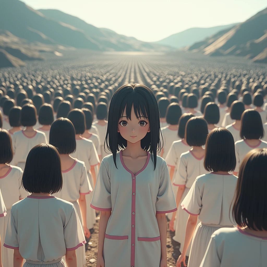 (((((Japanese Clone girls=Myself)))))), (((Best Super High quality Myself Clone girls Raw Photography Art))), (16K, Highest quality, Ultra-high resolution, RAW Photos), (((It's so unrealistic., With unparalleled depiction, With an unfathomable sight, An unprecedented and shocking worldview, Clone girls in a world of mass reproduction, Ultra-realistic))), (((Japanese, woman, 20yo, Saito-Asuka))), (Small face, ((Thick black hair, Semi-long hair))), ((V-neck short-sleeve dress)), (((((Very detailed美しい女体, Accurate body structure, Very detailed完璧な, Super busty body with very large breasts, Clearly emphasizes cleavage))))), (((Dark Eyes, Mature face, Cute Smile, A gentle gaze))), (((Her happy and smiling expression is so cute))), ((((((((Very detailed分身増殖描写, ((1girl→Myself cloning→1,000,000,000,000,000,000,000,000,000,000,000,000,000,000,000,000,000,000,000,000Myself Clone girls)))))))))), ((((((((Very detailed, The precise depiction of the proliferation of Myself Clone girls, ((With the perfectly identical bodies of Myself clone girls, With the exact same face as the Myself clone girls, With the exact same hairstyle as the Myself clone girls, In the exact same clothes as the girls who are my clones, Perfectly the same height as the Myself clone girls, Super big breasts, just like the Myself clone girls)))))))))), (((Myself clone girls only))), (((Multiple pairs, Very detailed depiction, (Myself clone girls hug each other, Myself clone girls assemble, Fun conversations with fellow Myself clone girls, A fun conversation between Myself clone girls, Myself clone girls holding hands, Walking with lots of Myself clone girls)))), (((Everyone looks at the camera))), (((Unbelievably crowded, Transcendent Myself clone girls intimately, Countless Myself clone girls surround you in 360 degrees))), (Bright, soft sunlight), (((Very wide field of view, Very detailed, Detailed ultra-perspective depiction with clear depth, wide view))), (((((Landscape with a curved slope))))), (((Very photographic and detailed depiction, Myself clone girls will multiply infinitely and fill the surroundings from one side to the horizon with their bodies tightly packed together without any gaps., A scene of endless Myself clone girls and a fun atmosphere))), (Focus on the average value of the image)