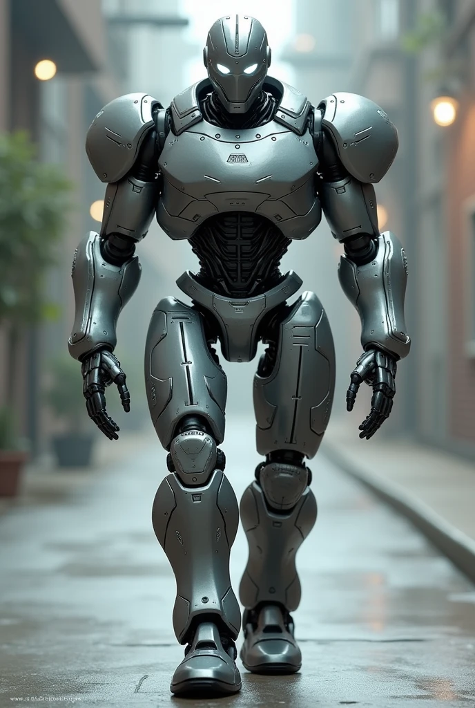 A metallic robot, walking to the side, slightly bent, head looking to the side, male robot, with glowing eyes, not angry, but more poker
More to the side, a male robot, with white glowing eyes and a bit more bulkier 