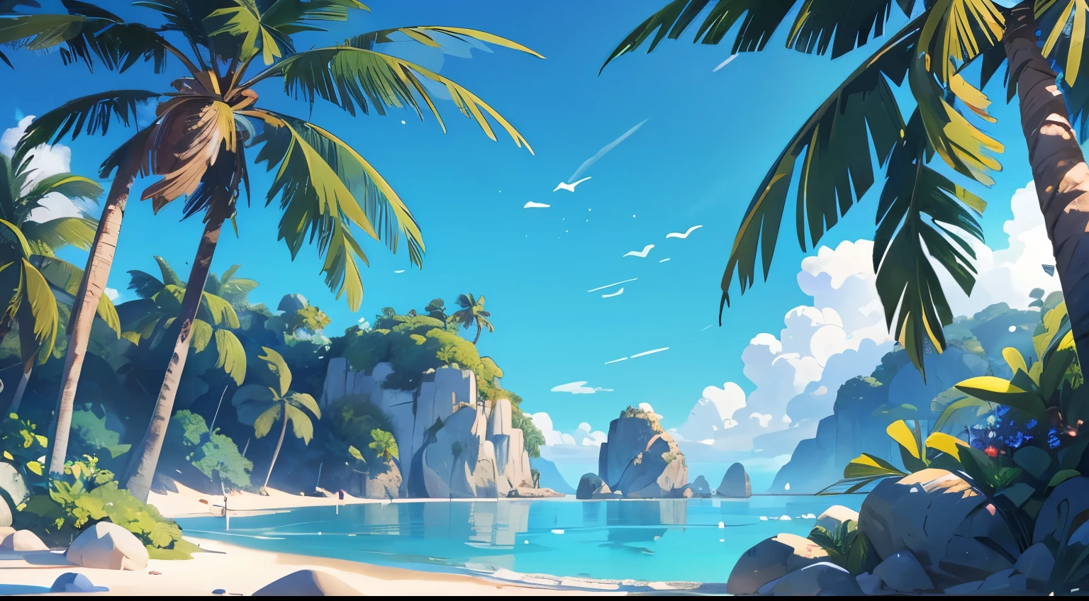 (illustrations : 1.0), Epic composition, photorealistic lighting, HD detail, masterpiece, Best quality at best, (Highly detailed CG integrated 8k wallpaper) , blue-sky, Blue Ocean, sand, Inside the shady palm tree forest, round and large rocks
