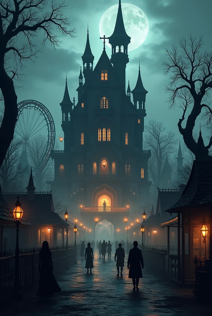 I need a picture of an amusement park ,  , that contains many attractions and in the center of the park there must be a large and spooky house , where the festival will be held , the image must look dark 
