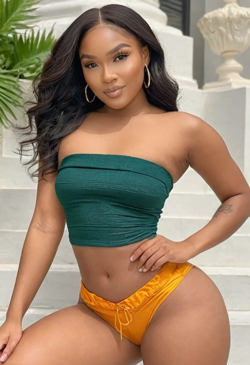 ((Best resolution)), ((high quality:1.2)), Work of art, 8k, extremely detailed, ((High detail:1.2)), (Hotlexi woman), Solo, Angolan female, (mini-shorts, crop strapless),