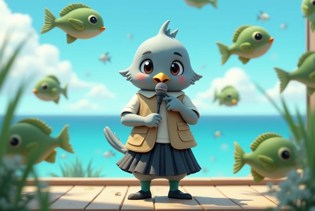 ((Highest quality)), ((masterpiece)), (photograph:1.6), (front), photorealistic, portrait, Singing into a microphone surrounded by lots of green puffer fish。
Big cute eyes, human expression。A small grey female pigeon with a head slightly larger than its body。
Off-white short-sleeved collared shirt with a light brown vest that was closed at the front、A knee-length black skirt with dark green socks and black shoes、Clear blue sky and ocean views。