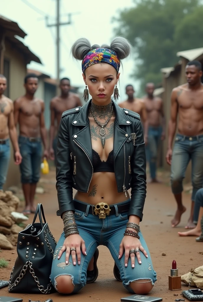 russian milf woman, grey hair (pouf, and top bun and shaved sides) and wide colourful bandana as headband, with very light blue eyes, extremely pale. Wearing cropped black moto jacket with lots of zippers and pins, black push up bra with white seams , skinny blue jeans with holes in knees and dirty white tennis sneakers. Dirty knees and dusty hands. Lots of metallic bracelets, lots of boho pendants and lots of colourful beads collars. Tacky wide studded leather belt with oversized skull and bones buckle. Long bohemian earrings with colourful feathers. Kneeling like in a payer, chin up stretching her neck , humble facial expression. Hands on her knees, showing off bracelets and rings. studded black leather tote bag with chains on the floor, next to her.. Listening in amazement to somebody speaking to her, well toned abdominals, thin neck, slim legs and thin arms. Tattoed heavily on chest and hands. Dirt street in Kenian village full of waste. A lot of tanned shirtless fat men in jeans around looking at her. next to her, all her belongings scattered on the floor: makeup kit, little makeup mirror, studded black leather tote bag, lipstick, wallet, moble etc on the floor