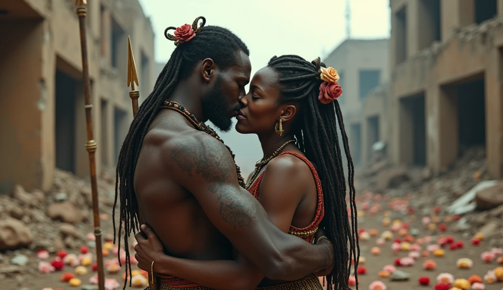 1419; (masterpiece, best quality) destroyed city(Cuazulo-Natal) roses on the floor; flowers on the ground; 1Zulus african warrior hugging you affectionately his wife(close-up);spears on the floor.; fire around.