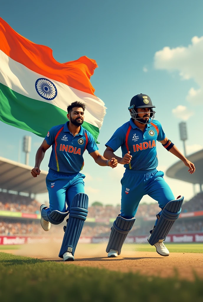 Show me rohit sharma and virat kohli run for catch indian 🇮🇳 flag make them likely to real face