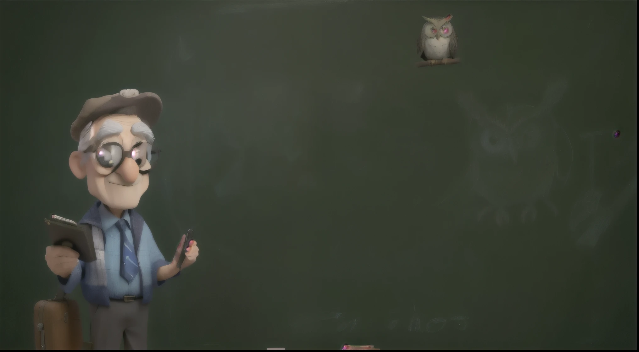 a wise old professor, an owl, chalkboard