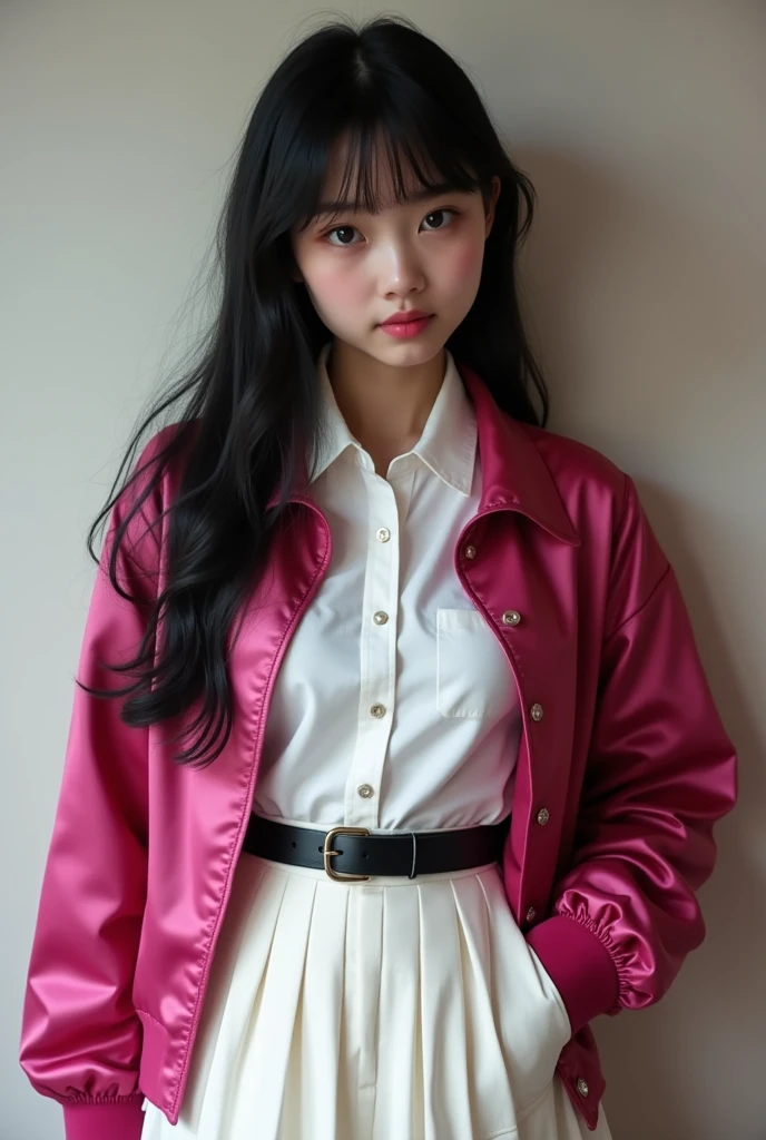 A high school student with long black hair wearing a white button-up shirt, Wear a white skirt、,Tighten your black belt、Wearing a dark shocking pink satin jacket。She is posing cutely, leaning forward as if to flatter the man.、She is red-eyed and scared, expecting to be violated.。