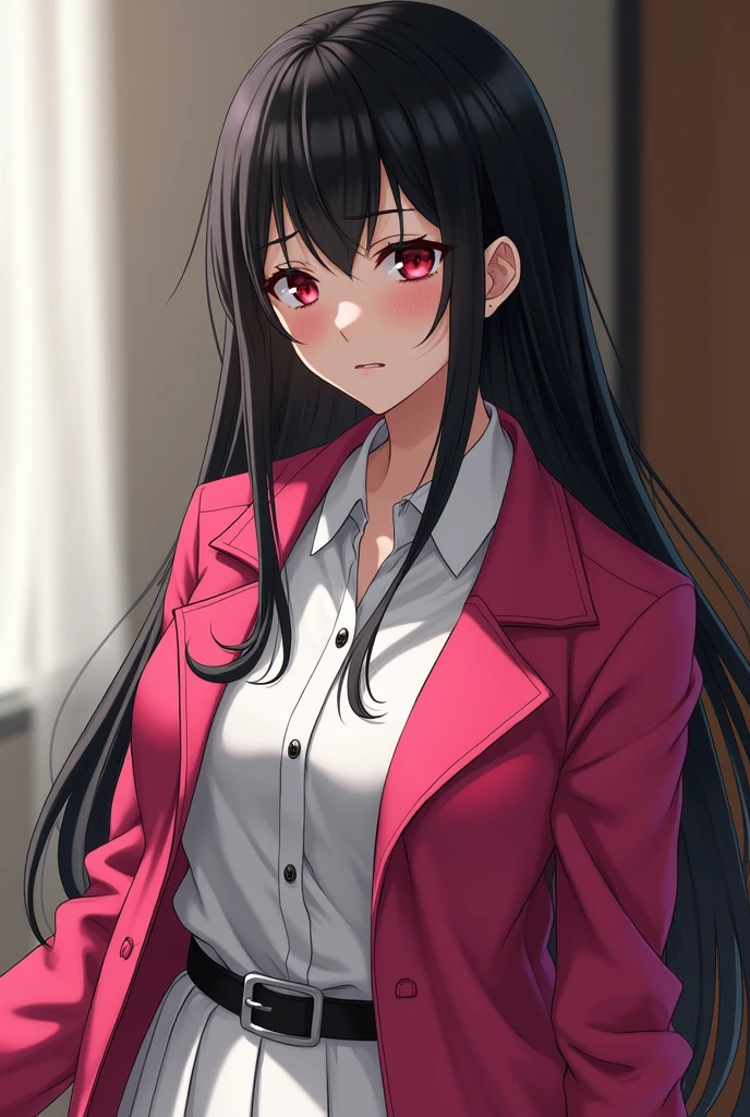 A high school student with long black hair wearing a white button-up shirt, Wear a white skirt、,Tighten your black belt、Wearing a dark shocking pink satin jacket。She is posing cutely, leaning forward as if to flatter the man.、She is red-eyed and scared, expecting to be violated.。