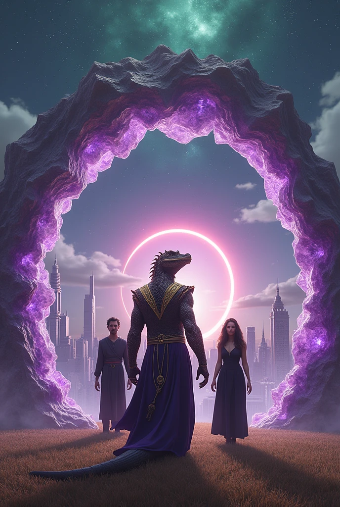 Reptilian with golden scales and a dark purple ceremonial outfit and a silver belt , exit through a magical cosmic portal made of polished amethysts, he guides umbum and his mother in black tunic and black dress, Inside the portal there is a beautiful city of white buildings at night, red eclipse in the background portal is in the middle of a field, already outside the portal the sky is daytime and has a green nebula