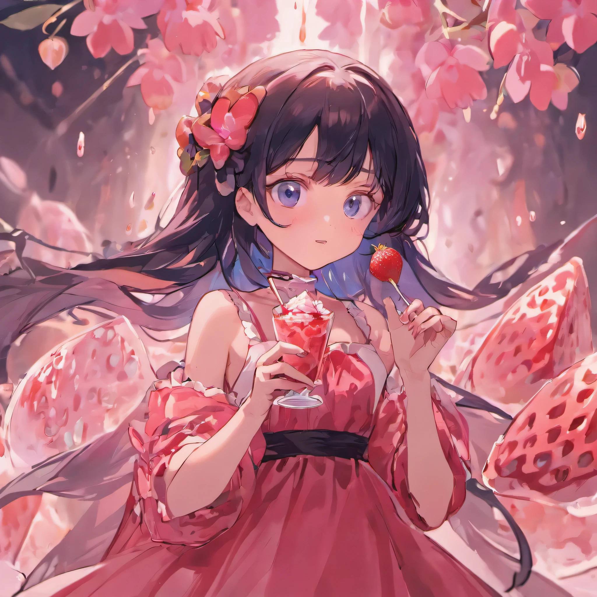 Cute girl with long black hair eating strawberry ice cream, Pink dress with blue flowers,eyes black 
