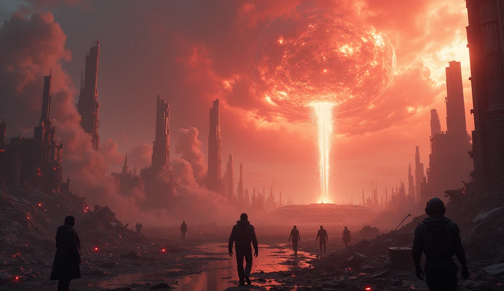 A dramatic sci-fi landscape, alien invasion, destruction of earth, detailed futuristic city, epic battle, glowing alien technology, dramatic lighting, cinematic composition, photorealistic, (best quality,8k,highres,masterpiece:1.2),ultra-detailed,(realistic,photorealistic,photo-realistic:1.37),dramatic sky, city in ruins, epic scale, stunning visual effects, powerful aliens, terrified citizens, dynamic action, advanced alien weaponry, dramatic color palette, cinematic atmosphere