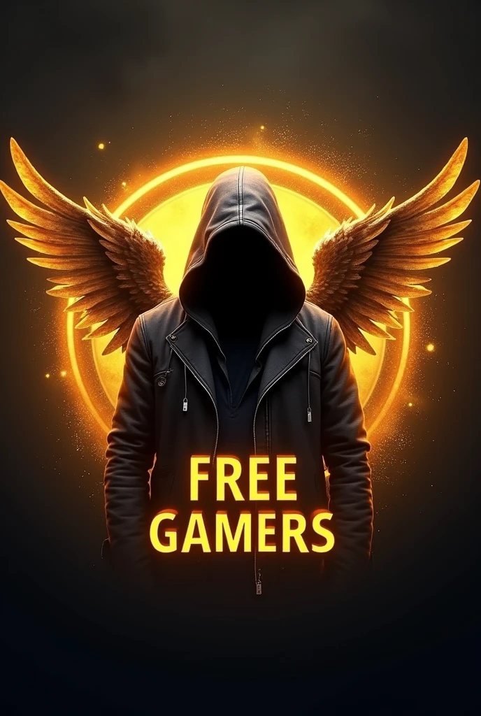Create a logo of a man in a hood near with wings in his expected, In front a phrase that says “FREE GAMERS” all with a golden neon theme