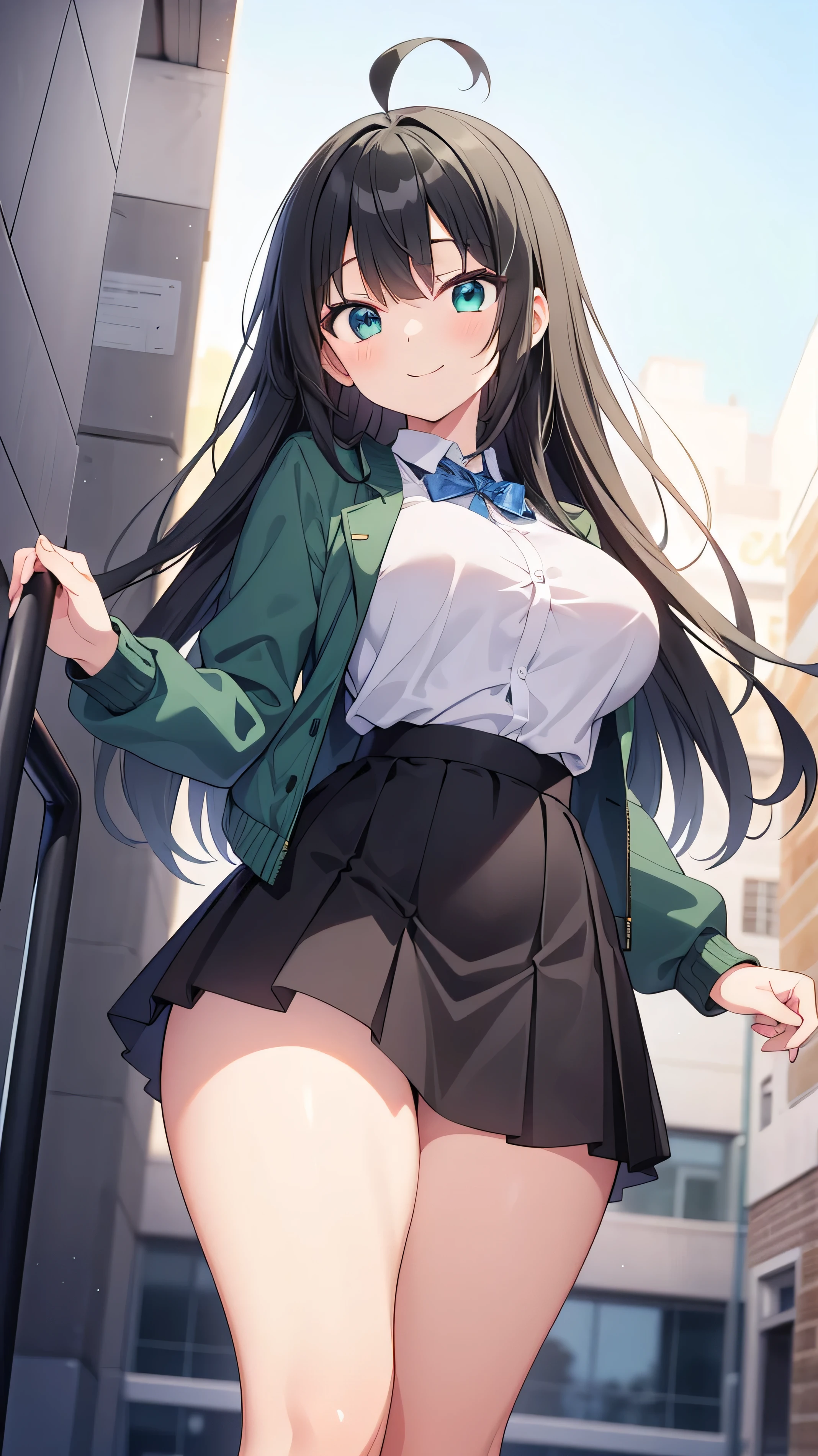 Junior high school student who looks like an elementary school student, , very short, 140 cm tall, black hair with a slight green tinge, short ahoge, beautiful long hair but with a little hair sticking out, beautiful round eyes, blue eyes, smile, boyish, long sleeves, Thick clothes, skirt, big breasts, hair longer than waist, long hair, childish face, gentle smile, a little shy, black skirt, black hair with a slight green tinge, boyish, gentle smile, jacket one size larger, ( Deep greenish black hair: 1.3)