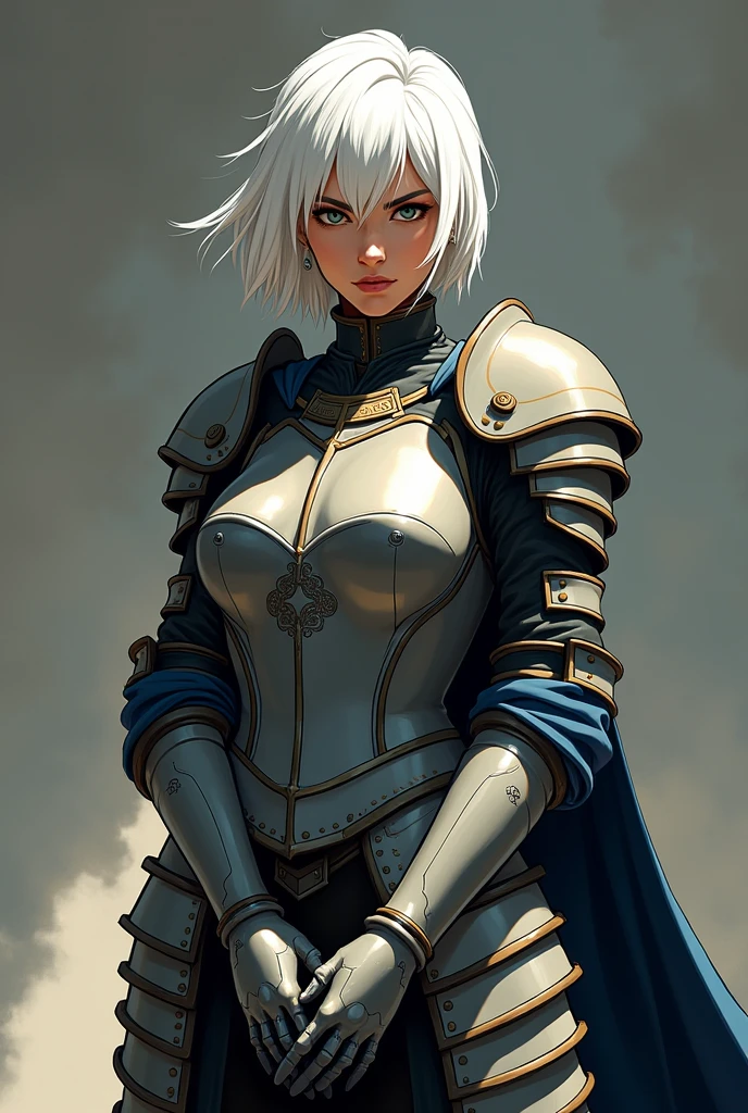 Make art as similar as possible to the art style used in the American Vox Machina series., a one woman, White hair, shorth hair, medieval armor, hight contrast, Two-tone lighting, hands behind back Less realistic American cartoon