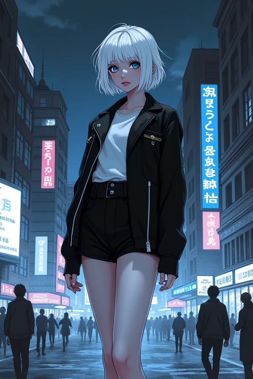 Monochrome,One person,White Hair,short hair,Perm,Sky blue eyes,An illustration,City of night,Miniskirt,Wearing black trainers