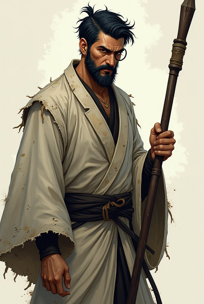 dnd, dungeons and dragons, monk, normal round human ears, human, slender, poor, dirty, homeless, holding a quarterstaff, solo, single person, portrait, action pose, tanned dirty skin, karate, martial arts, short shaggy black and white hair, thin dark eyes, monocle on left eye, black short chin strap beard, handsome, male, anime, comic, graphic novel, ripped and torn robes, smelly, fighter, peaceful, monastery, ((masterpiece, best quality)), trending artwork
