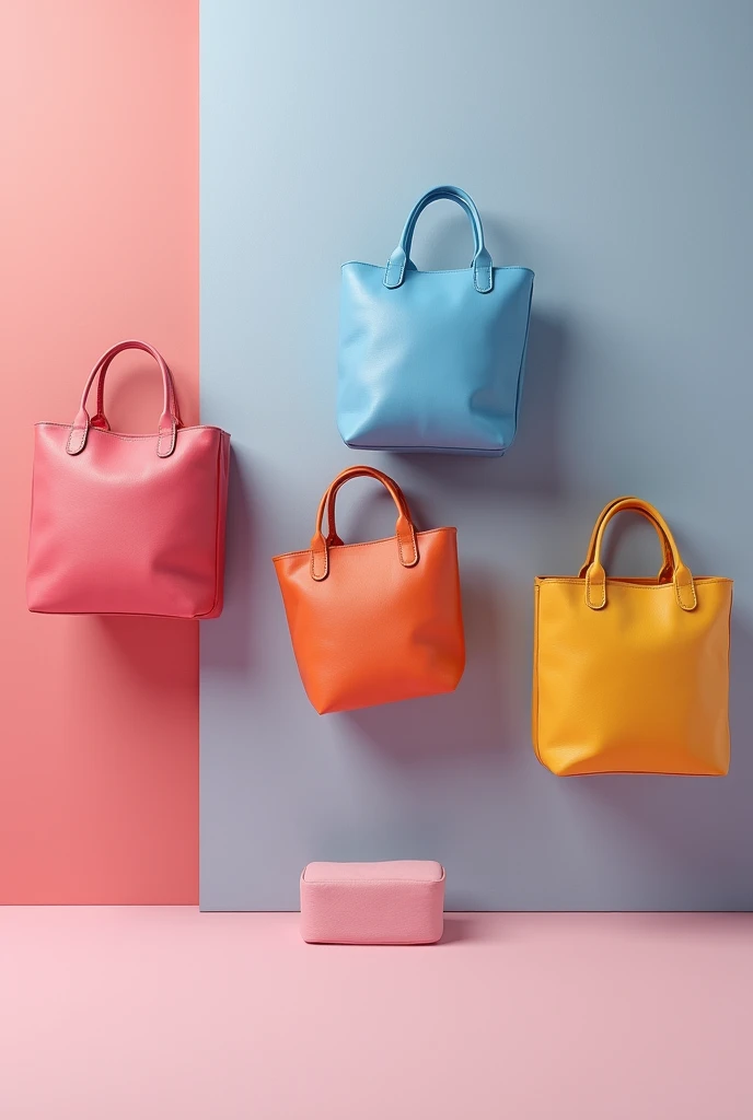 Create an 3d image 3 large size bags hanging on wall in Yellow, White and Blue in horizontal