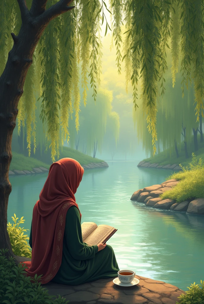 generate illustration of back view of muslim woman not showing face with book and tea under the willow trees and river