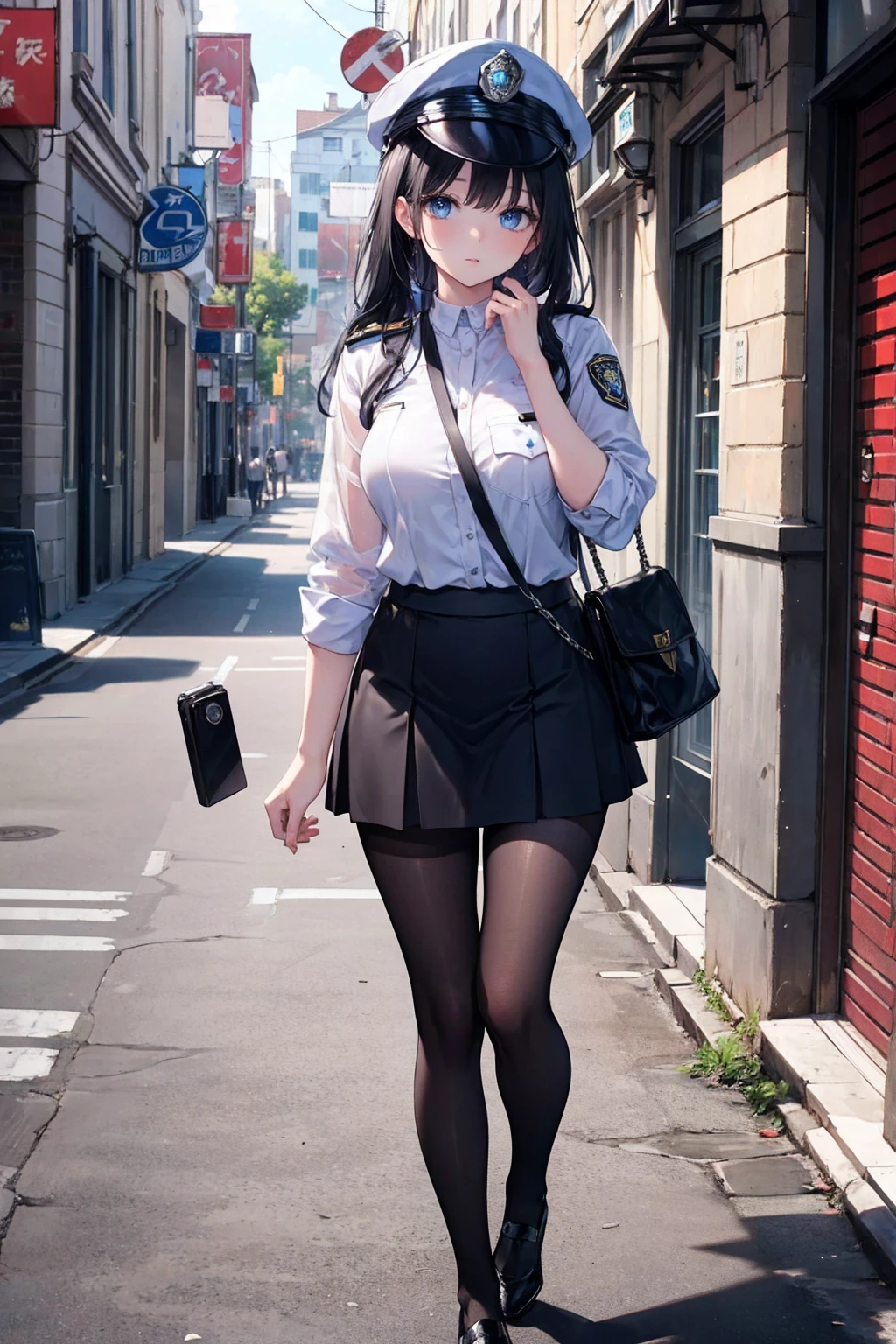 Ridiculous Resolutions, High resolution, (masterpiece:1.4), Very detailed, 1 person,blue eyes, Long black hair,Please wear a police uniform and a short skirt, White handbag、pantyhose、street,Sexy pose, The camera is close to the body