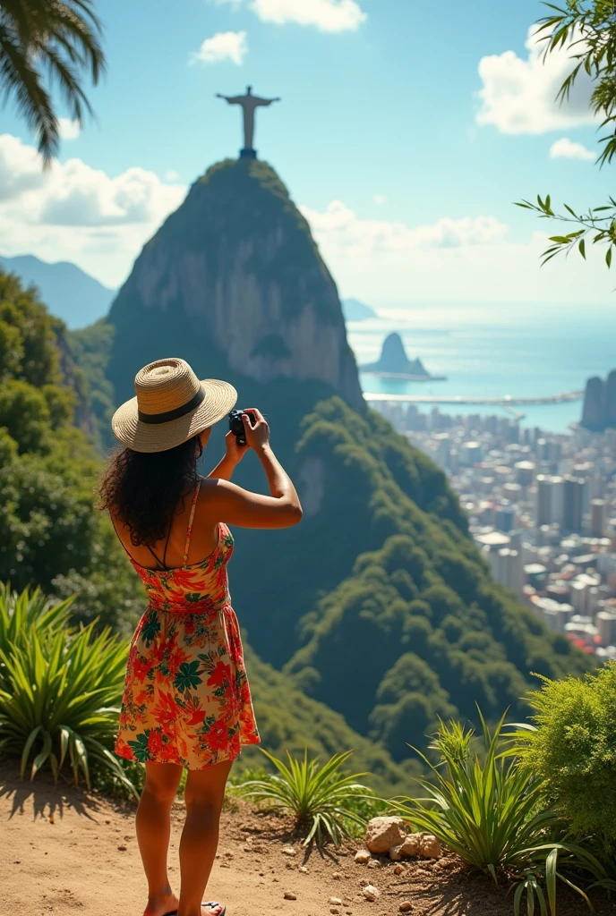 A Brazilian woman from Rio de Janeiro taking a photo next to Christ the Redeemer 