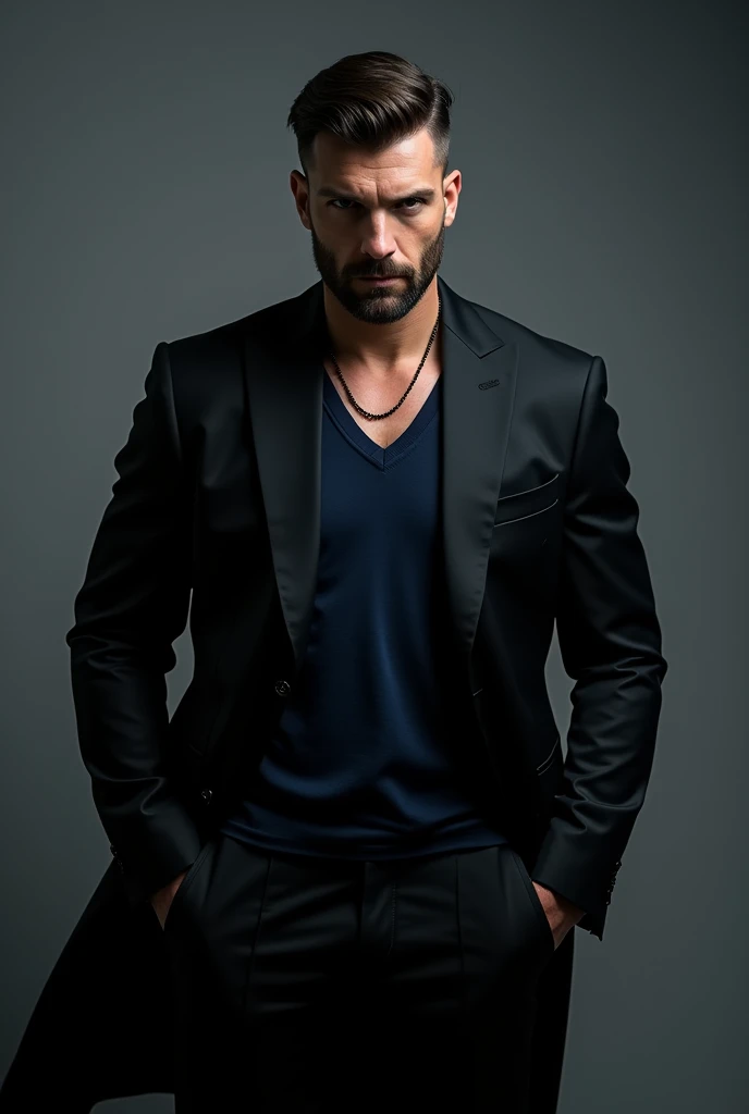Man in black suit and navy blue undershirt