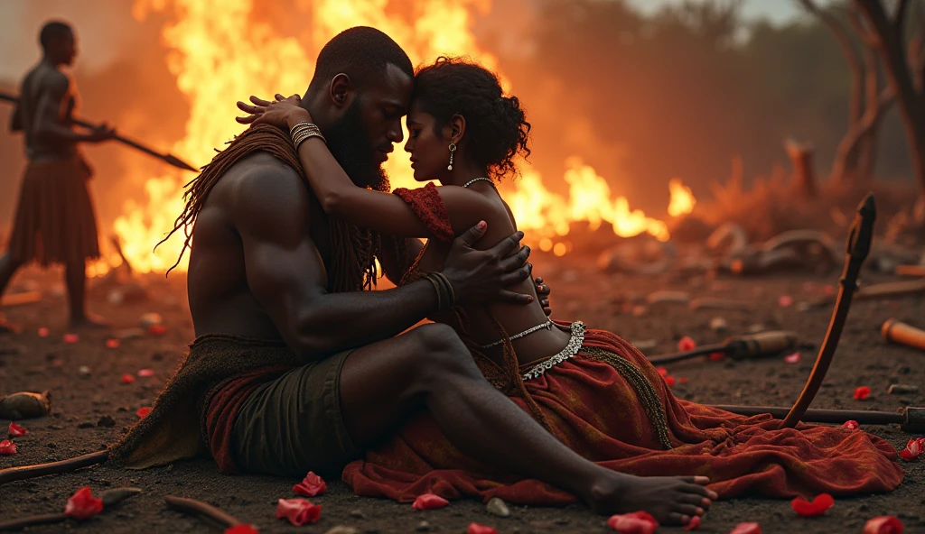 1419; (masterpiece, best quality) destroyed village(Cuazulo-Natal) roses on the floor; flowers on the ground; 1Zulus african warrior kissing his wife(close-up);spears on the floor.; fire around.