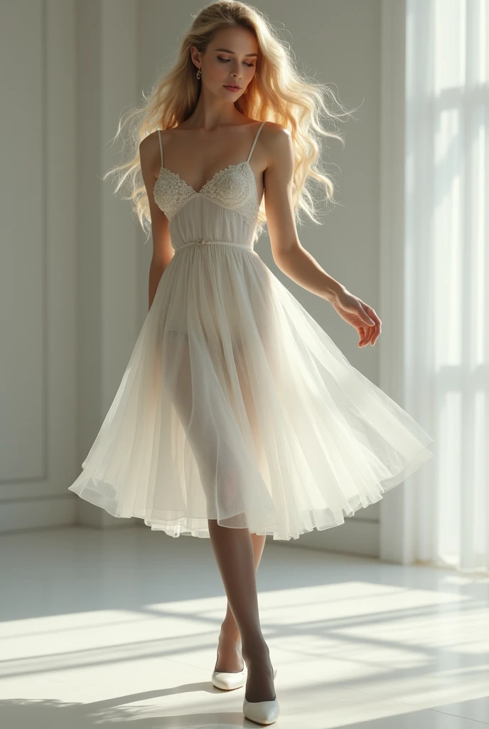 A beautiful 40 year old woman, long blonde hair, white dress which goes half to her thighs, black stockings, beautiful white ballerina flats, full body shot