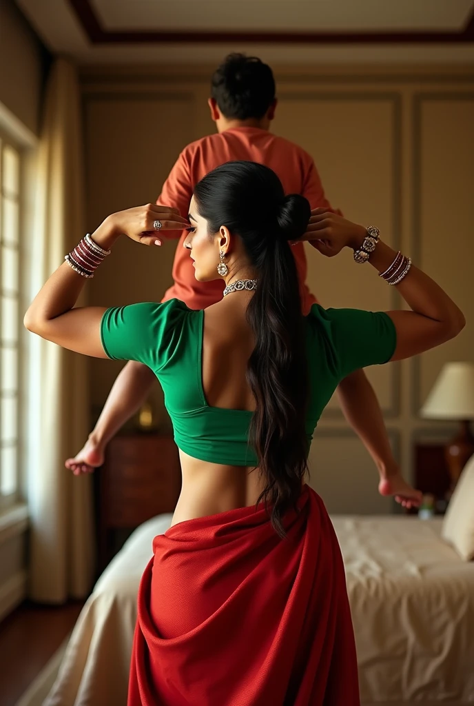  Indian woman Aishwarya Rai in green blouse red saree , tied hair bun, lifting a man above her shoulders, man is sitting on woman's shoulders, in a bedroom with high ceiling, woman is showing her back to the camera , full body image , close up 