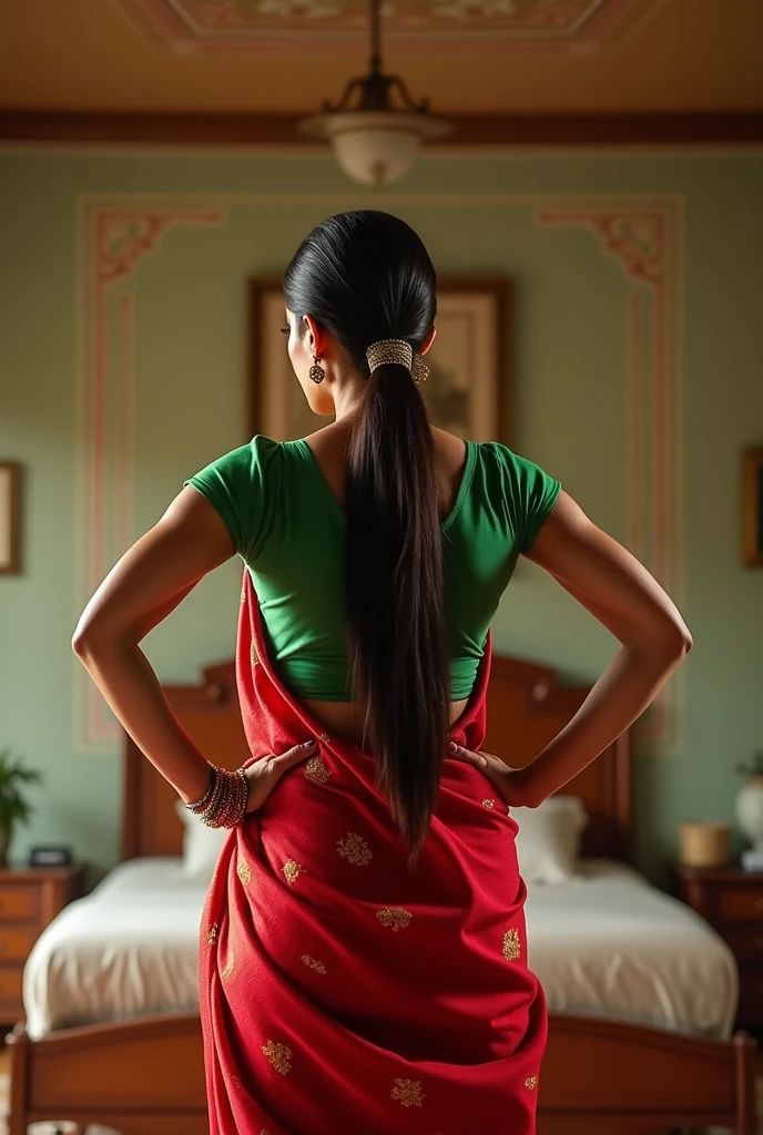  Indian woman Aishwarya Rai in green blouse red saree , tied hair bun, lifting a man above her shoulders, man is sitting on woman's shoulders, in a bedroom with high ceiling, woman is showing her back to the camera , full body image , close up 