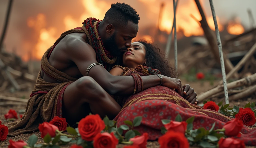 1419; (masterpiece, best quality) destroyed village(Cuazulo-Natal) roses on the floor; flowers on the ground; 1Zulus african warrior hugging you affectionately his wife(close-up);spears on the floor.; fire around.