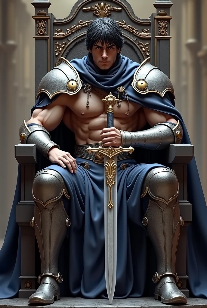 Opa, all is well? I need you to make a model of Elden Ring, This is a knight in the style of Godfrey, meet Godfrey? He will have the cape that Blaidd uses., and he will use Ranni&#39;s moon sword. He&#39;s going to be shirtless, and with armor pants, he will be very strong like this, will have black hair and a short, tangled hair style, And he will have 2,30m tall and will be sitting on the Elden lord throne at the end of the game and will be Ranni&#39;s consort