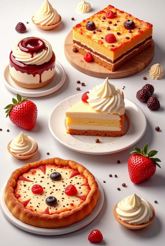 CREATE A BOOK COVER WITH NOTHING WRITTEN ON IT SHOWING PIZZA LASAGNA CAKE DESSERTS LIKE PUDDING AND MOUSE