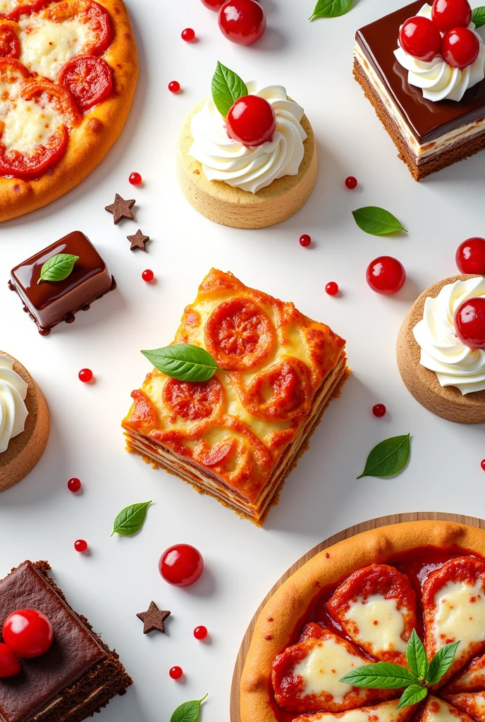 CREATE A BOOK COVER WITH NOTHING WRITTEN ON IT SHOWING PIZZA LASAGNA CAKE DESSERTS LIKE PUDDING AND MOUSE