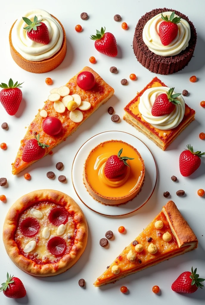 CREATE A BOOK COVER WITH NOTHING WRITTEN ON IT SHOWING PIZZA LASAGNA CAKE DESSERTS LIKE PUDDING AND MOUSE