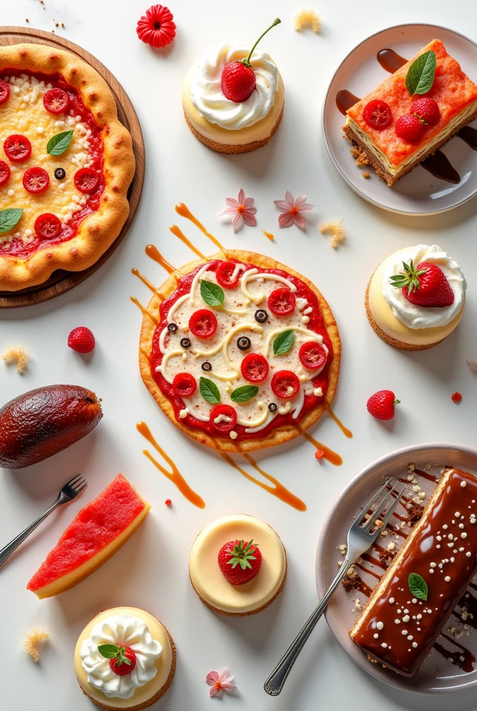 CREATE A BOOK COVER WITH NOTHING WRITTEN ON IT SHOWING PIZZA LASAGNA CAKE DESSERTS LIKE PUDDING AND MOUSE
