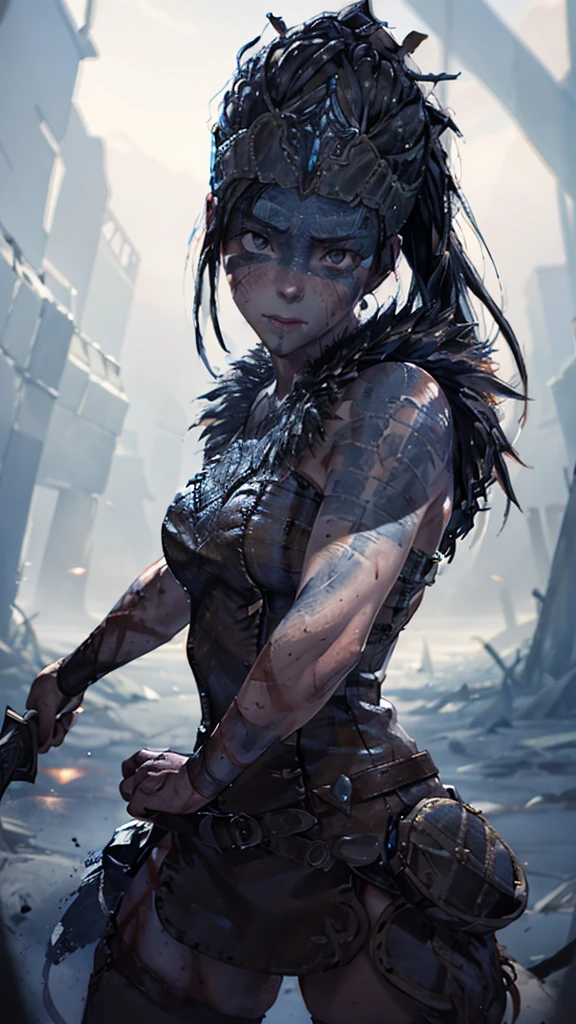 Senua from hellblade, 1girl, holding glowing sword, sword fighting poses, wide angle, leather clothing, forehead and eyes painted dark blue, determined expression, 16k, best quality, detailed face, beautiful blue eyes, best hands, perfect hands, unreal engine rendering style, award winning digital art, darkly atmospheric lighting 