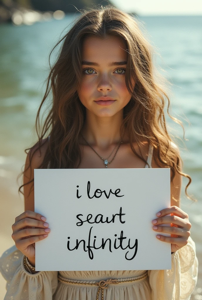 Beautiful girl with wavy long hair, bohemian dress, holding a white board with text "I Love Seaart Infinity" and showing it to the viewer