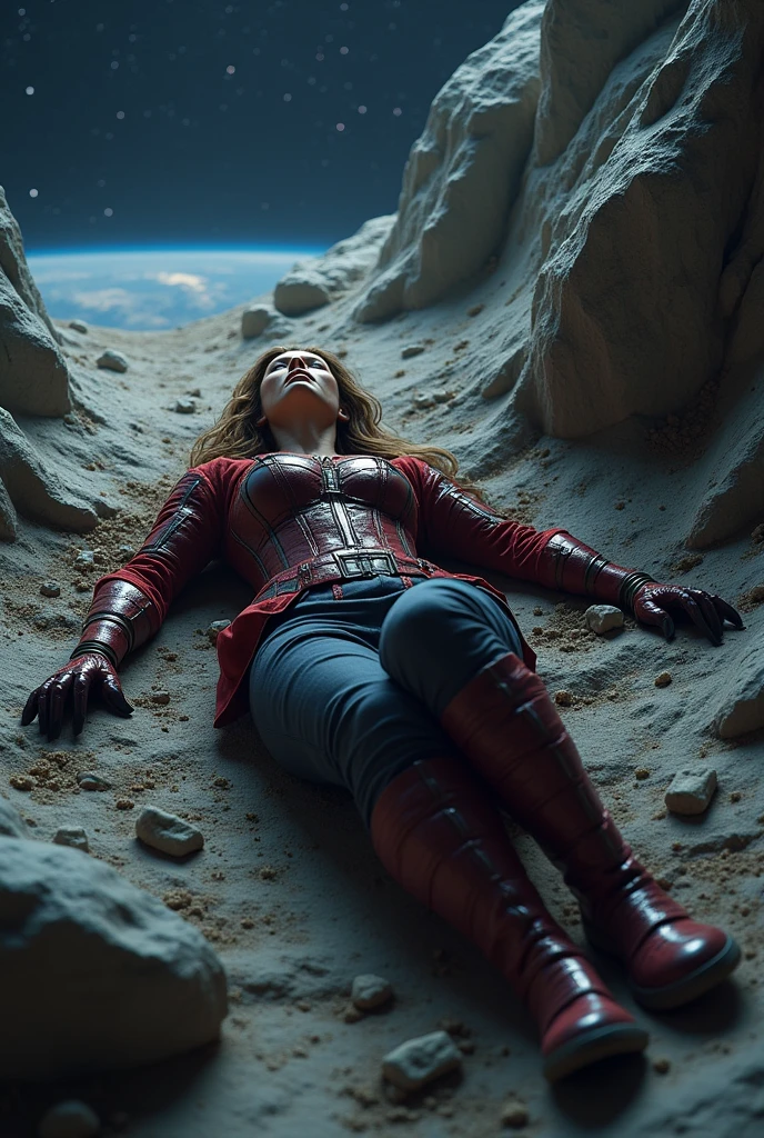 Wanda lying on the floor all hurt and bruised, on a rock in space