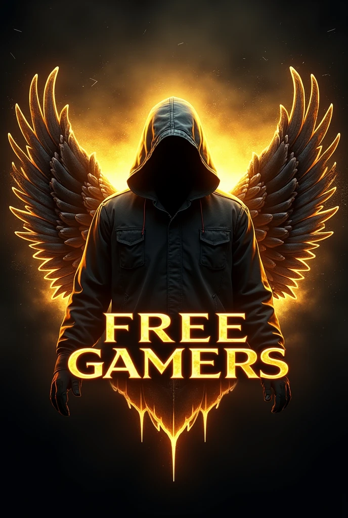 Create a logo of a man in a hood near with wings in his expected, In front a phrase that says “FREE GAMERS” all with a golden neon theme