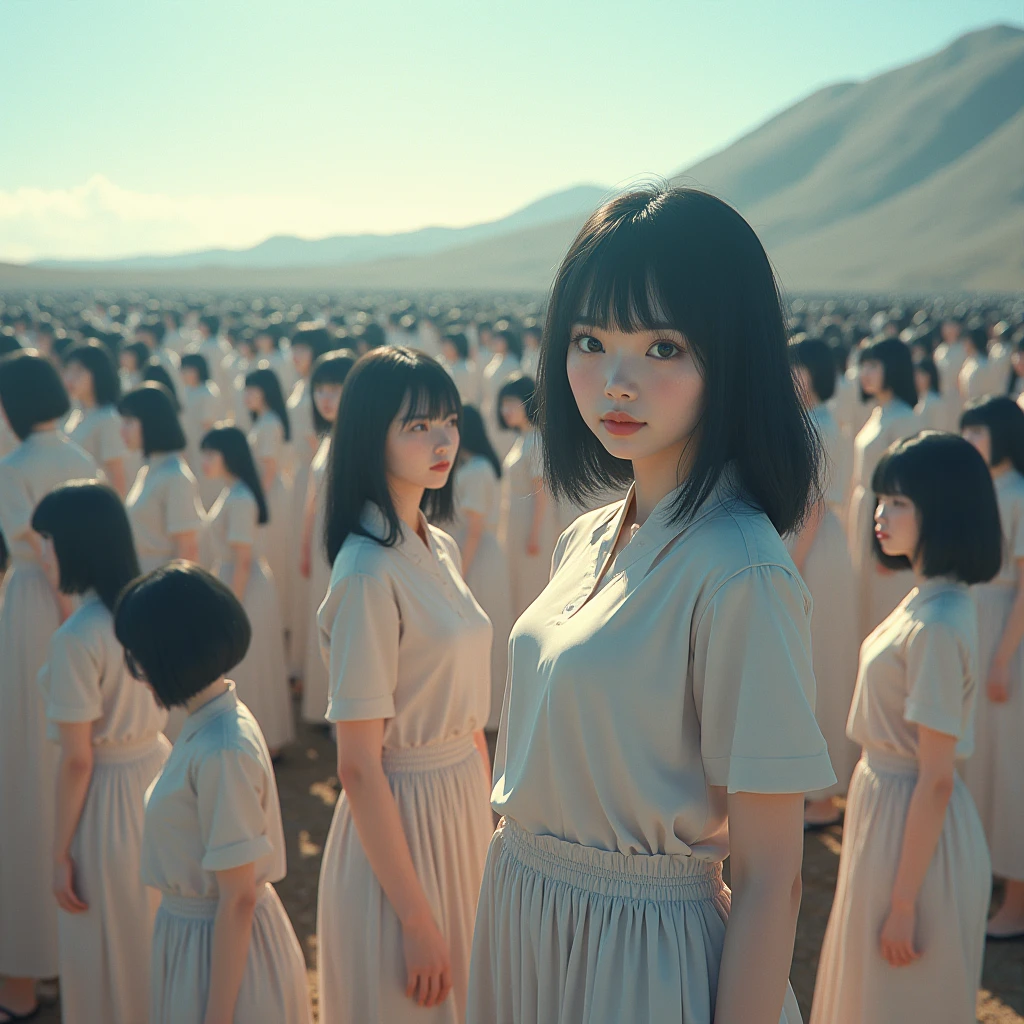 (((((Japanese Clone girls=Myself)))))), (((Best Super High quality Myself Clone girls Raw Photography Art))), (16K, Highest quality, Ultra-high resolution, RAW Photos), (((It's so unrealistic., With unparalleled depiction, With an unfathomable sight, An unprecedented and shocking worldview, Clone girls in a world of mass reproduction, Ultra-realistic))), (((Japanese, woman, 20yo, Saito-Asuka))), (Small face, ((Thick black hair, Semi-long hair))), ((V-neck short-sleeve dress)), (((((Very detailed美しい女体, Accurate body structure, Very detailed完璧な, Super busty body with very large breasts, Clearly emphasizes cleavage))))), (((Dark Eyes, Mature face, Cute Smile, A gentle gaze))), (((Her happy and smiling expression is so cute))), ((((((((Very detailed分身増殖描写, ((1girl→Myself cloning→1,000,000,000,000,000,000,000,000,000,000,000,000,000,000,000,000,000,000,000,000Myself Clone girls)))))))))), ((((((((Very detailed, The precise depiction of the proliferation of Myself Clone girls, ((With the perfectly identical bodies of Myself clone girls, With the exact same face as the Myself clone girls, With the exact same hairstyle as the Myself clone girls, In the exact same clothes as the girls who are my clones, Perfectly the same height as the Myself clone girls, Super big breasts, just like the Myself clone girls)))))))))), (((Myself clone girls only))), (((Multiple pairs, Very detailed depiction, (Myself clone girls hug each other, Myself clone girls assemble, Fun conversations with fellow Myself clone girls, A fun conversation between Myself clone girls, Myself clone girls holding hands, Walking with lots of Myself clone girls)))), (((Everyone looks at the camera))), (((Unbelievably crowded, Transcendent Myself clone girls intimately, Countless Myself clone girls surround you in 360 degrees))), (Bright, soft sunlight), (((Very wide field of view, Very detailed, Detailed ultra-perspective depiction with clear depth, wide view))), (((((Landscape with a curved slope))))), (((Very photographic and detailed depiction, Myself clone girls will multiply infinitely and fill the surroundings from one side to the horizon with their bodies tightly packed together without any gaps., A scene of endless Myself clone girls and a fun atmosphere))), (Focus on the average value of the image)