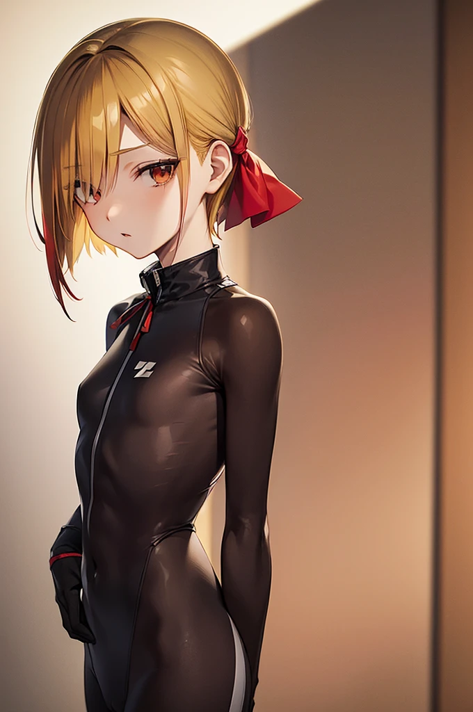 masterpiece, best quality,anime style, 1 girl,(((slender body))), (((small eyes))),(((athlete suit,red hair ribbon))), (beautiful face), (((short hair))), (((straight hair))), ((((blonde hair)))),detailed beautiful skin, (perfect hands, perfect anatomy),scream