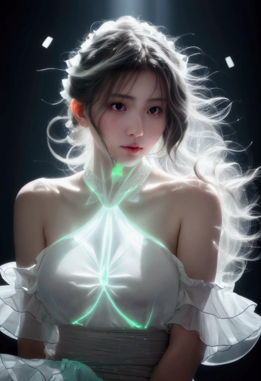 ((gem_Light elements)), (Translucent luminous body_Wearing a white ruffled shirt:1.3), (Girl made of light: 1.2, Long Wavy Hairstyle，Delicate features and lightness:1.3), (Minimalism: 0.5), (Close-up shot from the waist up: 1.3), 4K, HDR, Acid Graphics, Fantasy works, [Detailed and vivid facial expressions: 0.33], (White translucent glowing body and hair: 1.3), Beautiful woman with silhouette and glow, Understated elegance.. Calm and solemn atmosphere，Bring a subtle sense of luxury... Gray smooth texture, Fashion pose, Fluorescence, Glowing Tattoo, 生物Glowing Tattoo, Luminous pattern.