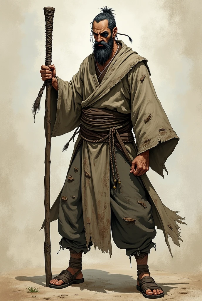 dnd, dungeons and dragons, monk, normal round human ears, human, slender, poor, dirty, homeless, holding a quarterstaff, solo, single person, portrait, action pose, tanned dirty skin, karate, martial arts, short shaggy black and white hair, thin dark eyes, eye patch on left eye, one eye, black short chin strap beard, handsome, male, anime, comic, graphic novel, ripped and torn robes, smelly, fighter, peaceful, monastery, ((masterpiece, best quality)), trending artwork