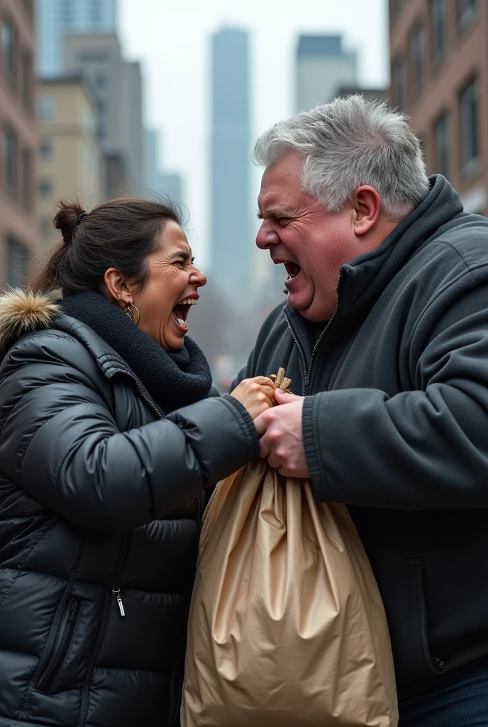 image of Doug Ford mayor of Toronto stealing food from a homeless woman. Toronto in the background. Doug Ford is obese. the homeless woman looks furious and is fighting to get her food back. she is pulling at the bag of groceries that Doug Ford is holding. Doug Ford has grey hair.