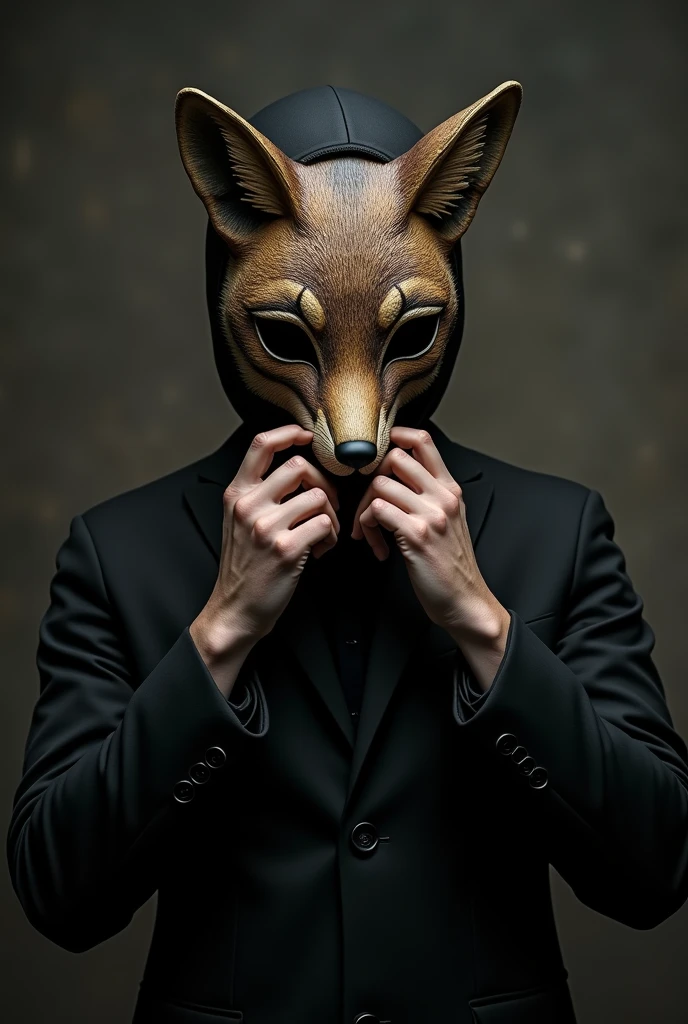 A person in a black suit is removing the Fox mask.