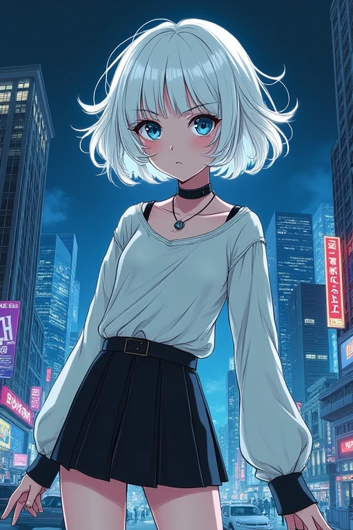 One person,White Hair,short hair,Perm,Sky blue eyes,An illustration,City of night,Miniskirt,Wearing black trainers,Pencil drawing