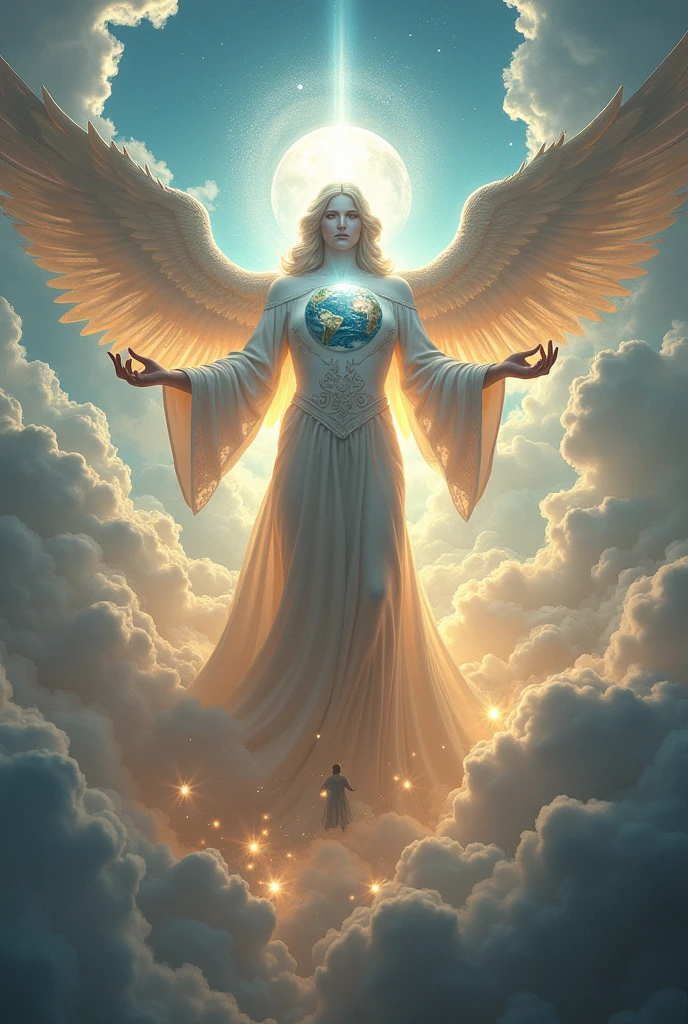 Domain expansion:celestial sculptor creator of infinite universes,It is a wide, clear space filled with clouds and angels flying around with a huge white figure in the middle holding the earth in his hands.