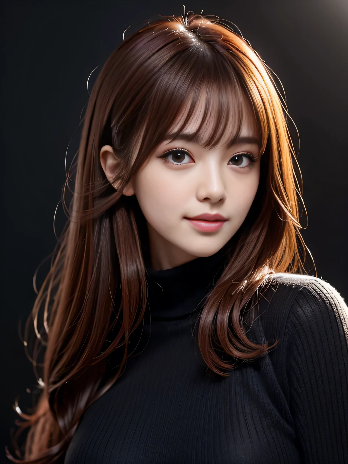 masterpiece, best quality, ultra-detailed, intricately detailed hyperdetailed, realistic, sharp features, highly detailed, sharp focus, Cute Japanese, young adult, perfect face, perfect face, perfect symmetrically perfect eyes, perfect full lips, flexible female form, hyper detailed, hyper realistic, high resolution, vibrant, dynamic studio lighting, Moody Lighting, Underexpose Lighting, ((Dark background)), (discret smile), Red hair, asymmetrical hair, asymmetrical bangs, brown Eyes, black sweater, cowboy shot, 